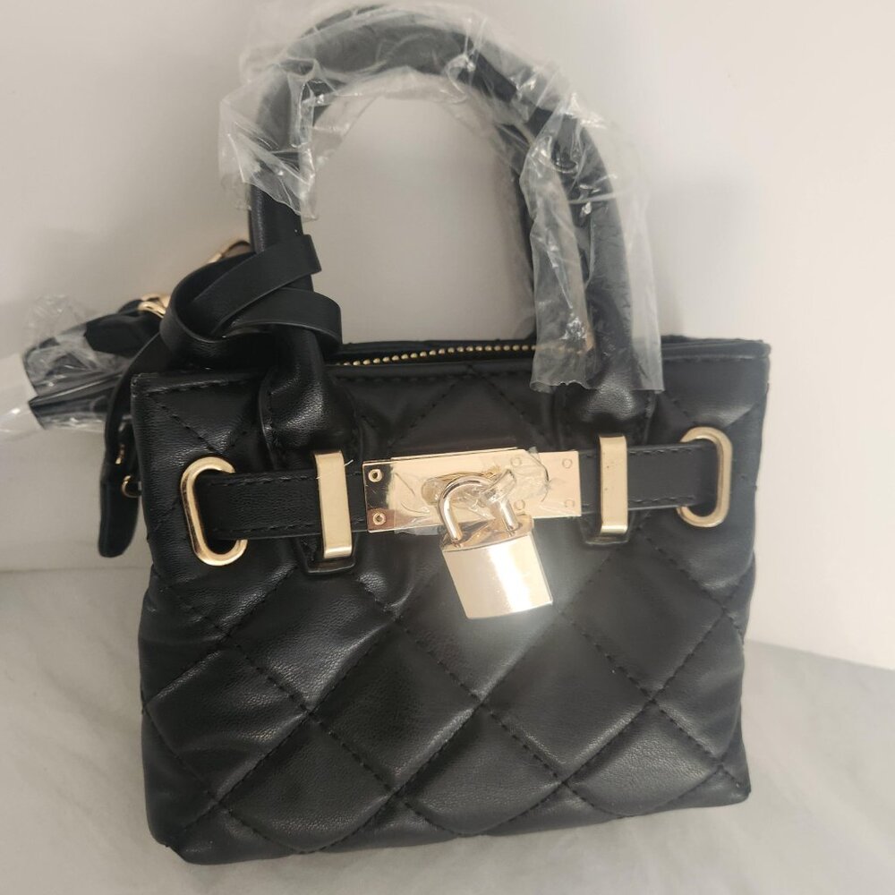 Badgley Mischka Black Quilted Leather Top-Handle Tote with Gold Hardware